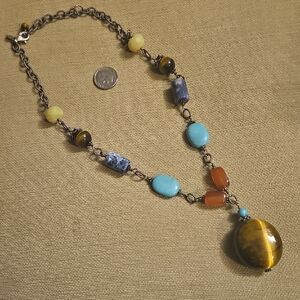 Vintage Chunky Sterling Silver Multi Precious Gemstone Beaded 12in Necklace